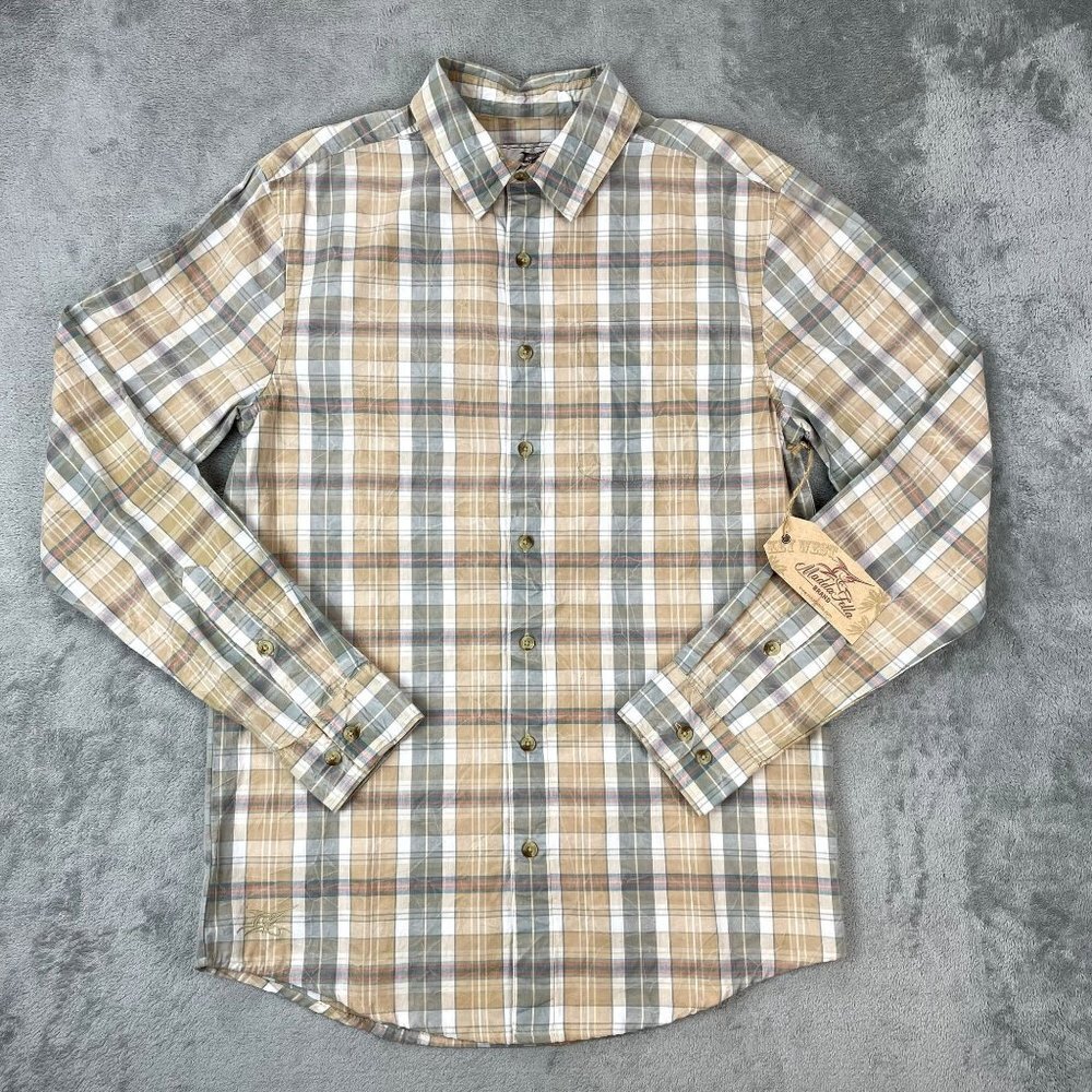 NWT Madda Fella Brand Plaid Poplin Tan Multicolor Button Up Long Sleeve Shirt S